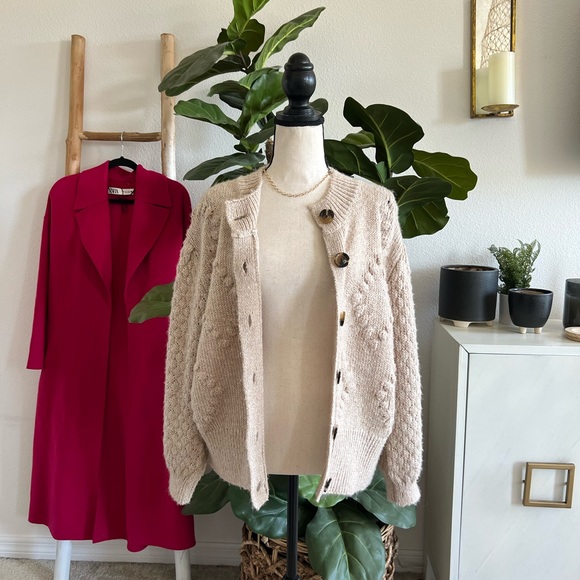 SOLD Who What Wear Wool Cardigan Button Down Pom Pom Knit Tan Heather Sweater - Picture 4 of 7